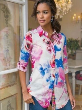 Soft Surroundings Pink & Blue Floral Embroidered Watercolor Button-Down Sz 2X